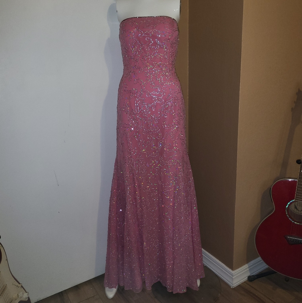 XS Strapless Pink Prom Dress w/Silver Sequins by Sean Collection